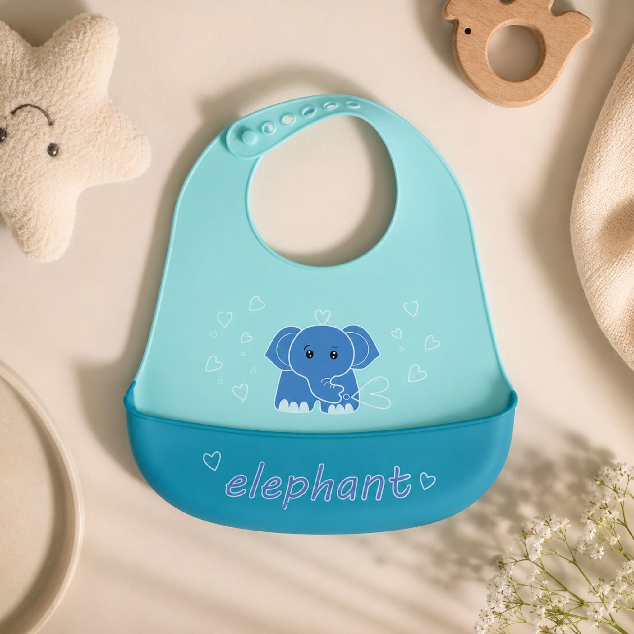 Smile Baby Silicone Baby Feeding Bib with Food Catcher Pocket – Waterproof Adjustable Bib for Babies & Toddlers – Cute Blue Elephant Design