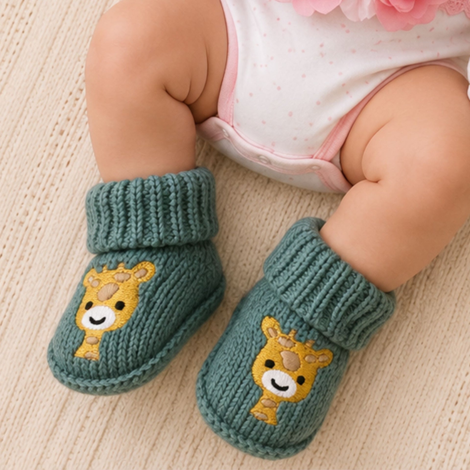 Smile Baby Newborn Knitted Booties for Babies – Soft Warm Winter Baby Socks Shoes with Cute Giraffe Embroidery – Teal Green