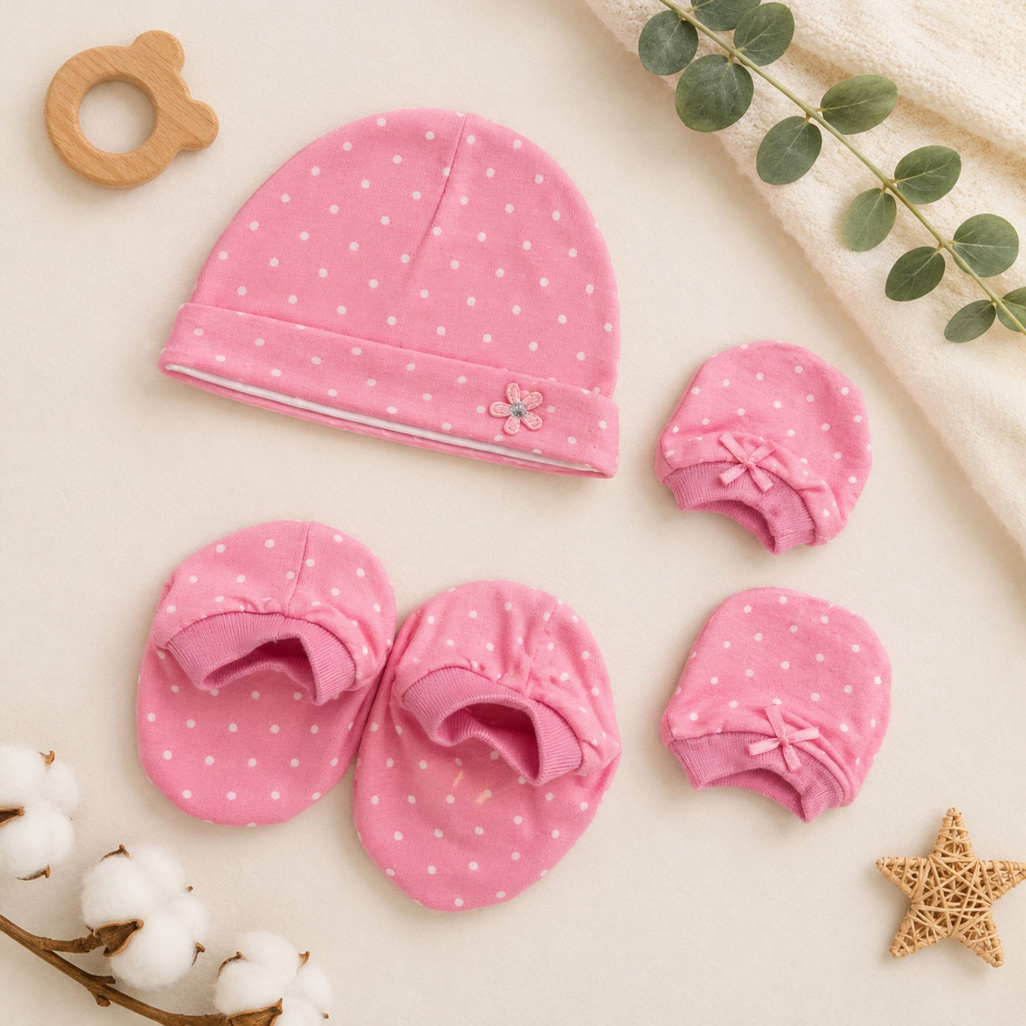 Smile Baby Newborn Baby Gift Set – Soft Cap, Mittens & Booties Set for Infants – Pink Polka Dot Baby Essentials Kit