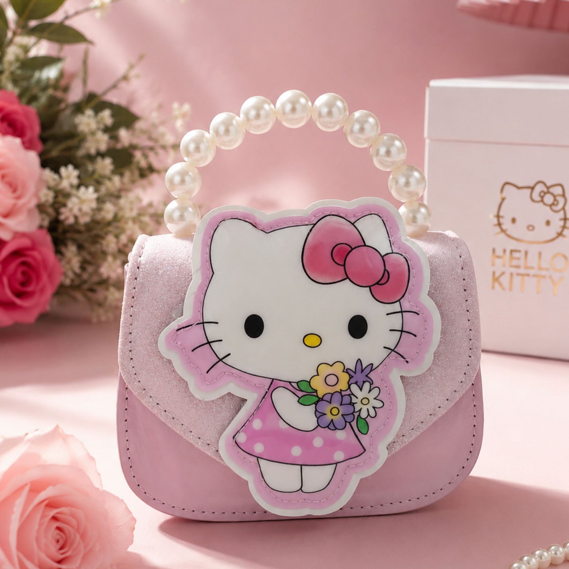 SMILE BABY Girls Glitter Pearl Handle Purse with LED Kitty Charm – Cute Mini Sling Bag for Kids