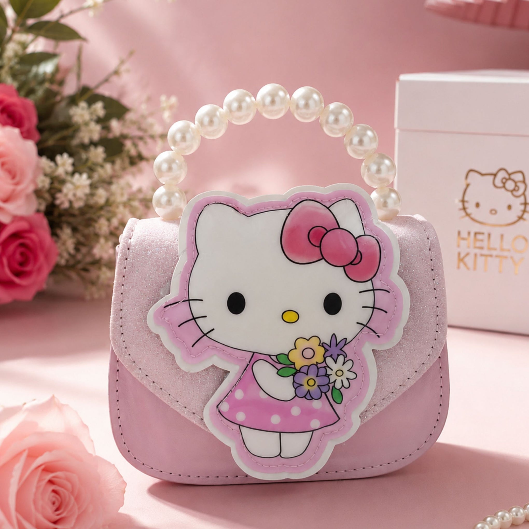 SMILE BABY Girls Glitter Pearl Handle Purse with LED Kitty Charm – Cute Mini Sling Bag for Kids