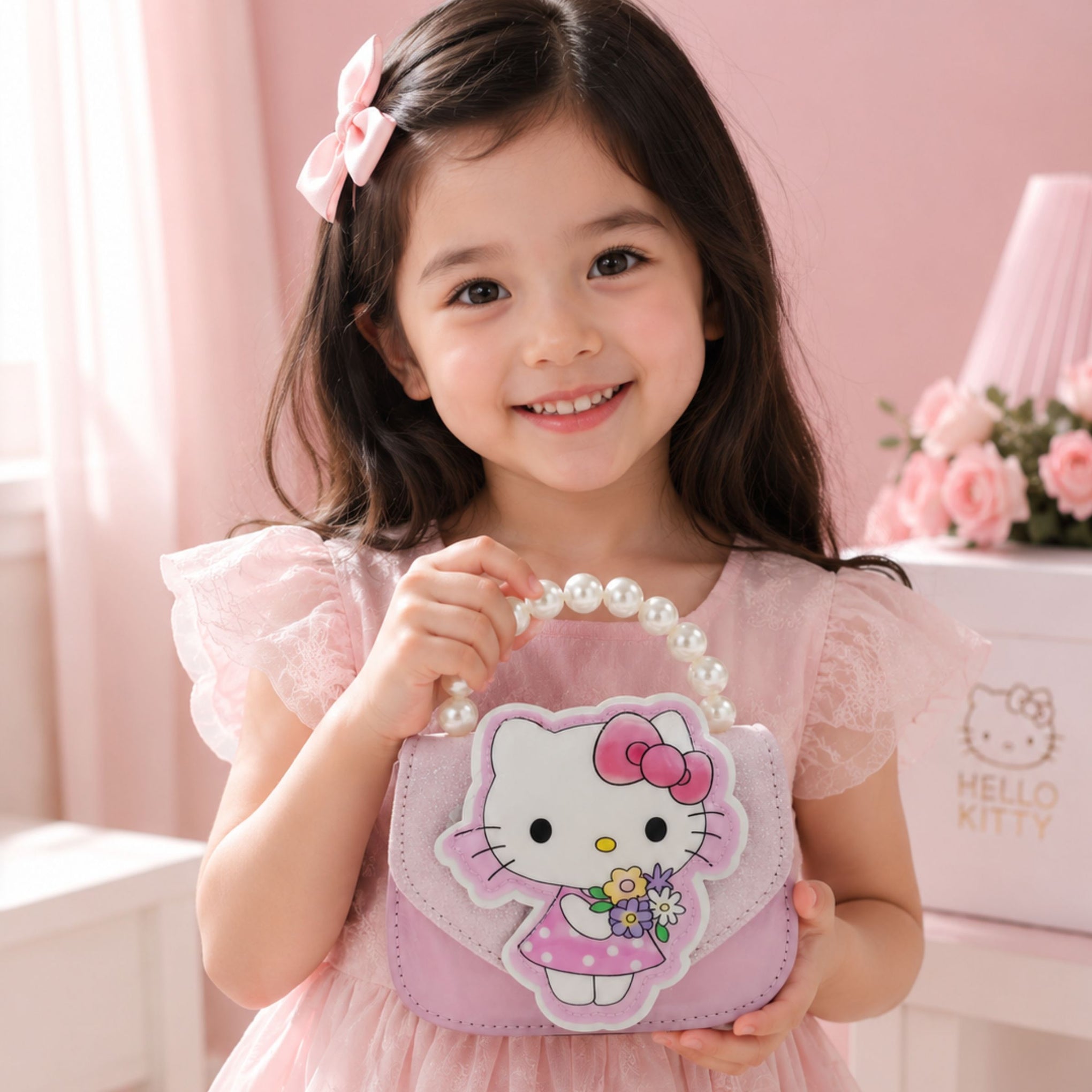 SMILE BABY Girls Glitter Pearl Handle Purse with LED Kitty Charm – Cute Mini Sling Bag for Kids