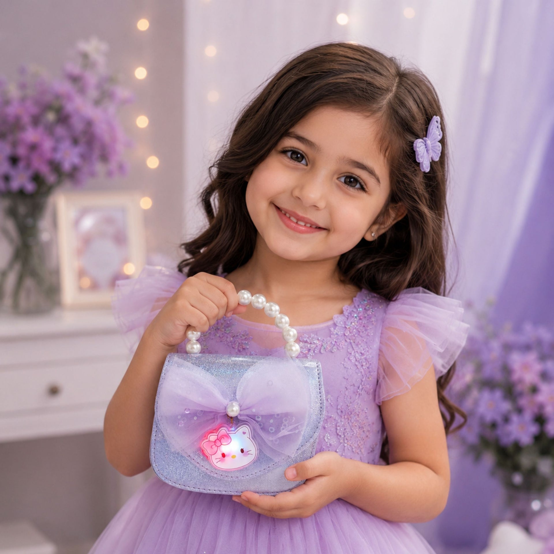 SMILE BABY Girls Glitter Pearl Handle Purse with LED Kitty Charm – Cute Mini Sling Bag for Kids