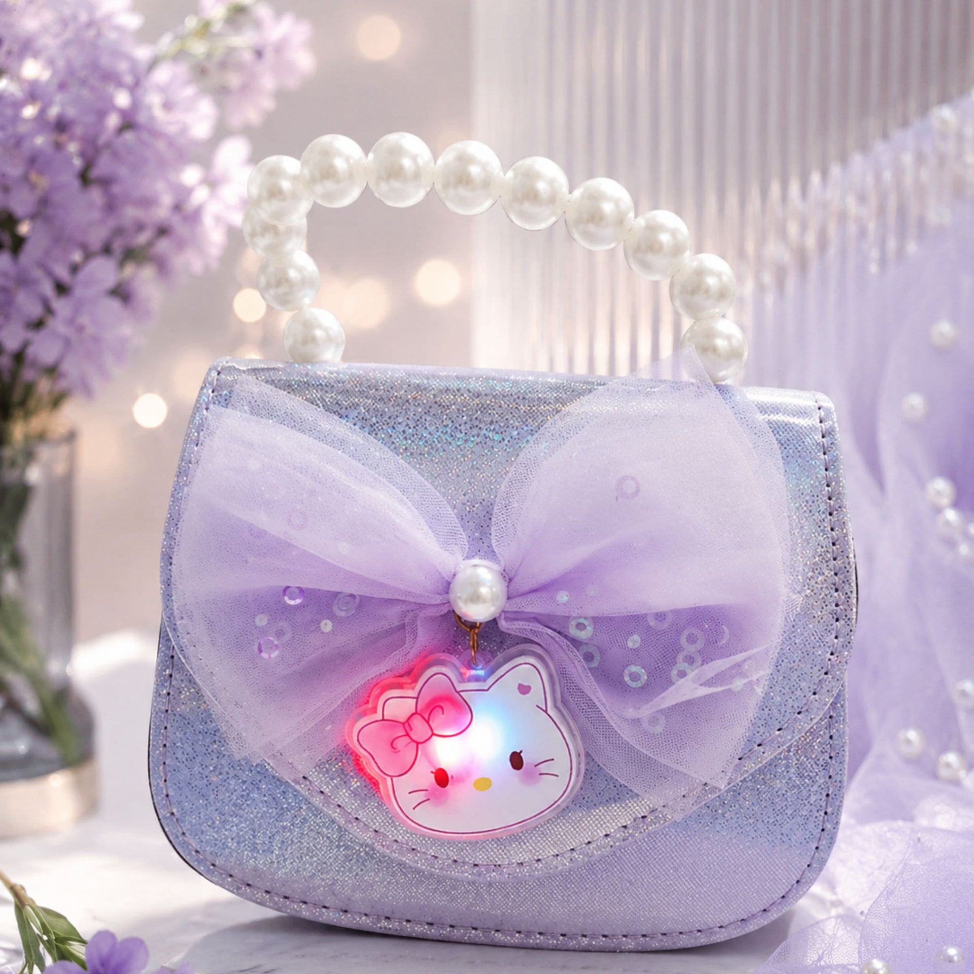 SMILE BABY Girls Glitter Pearl Handle Purse with LED Kitty Charm – Cute Mini Sling Bag for Kids