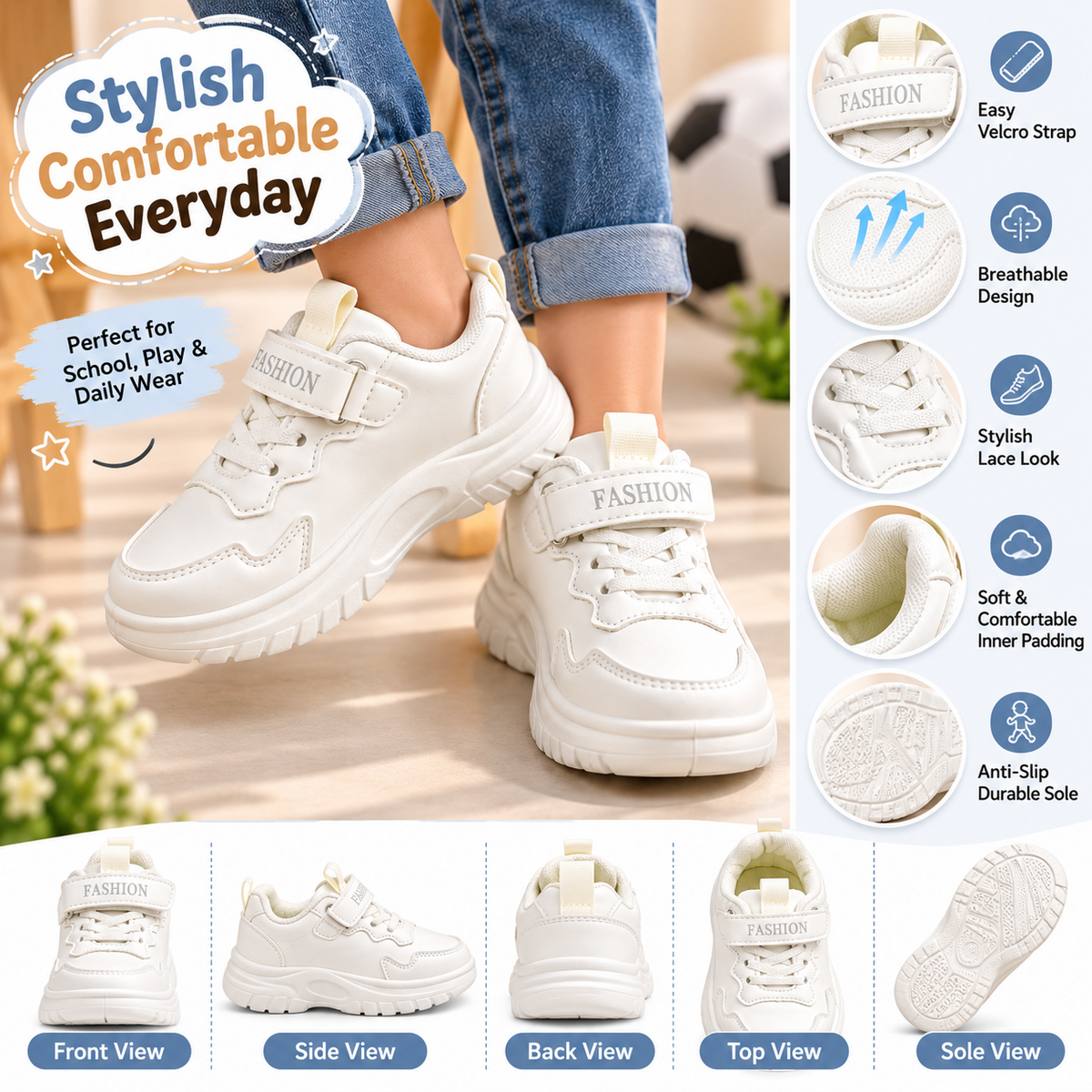 SMILE BABY boys white fashion sneakers A+ product infographic