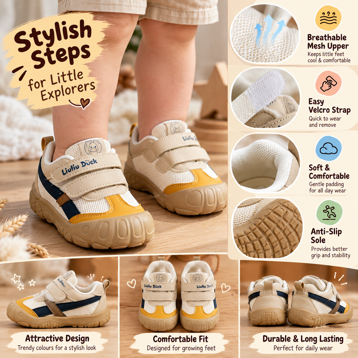 SMILE BABY boys cream yellow toddler shoes A+ infographic