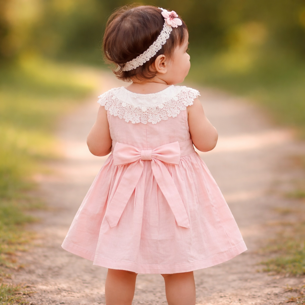 NUM NUM Baby Girls Cotton Lace Party Frock Dress (12M–4Y) | Soft Summer Dress | Pink & Brown