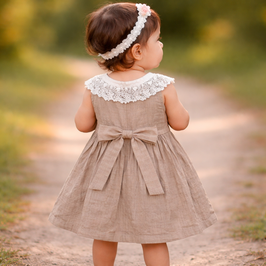 NUM NUM Baby Girls Cotton Lace Party Frock Dress (12M–4Y) | Soft Summer Dress | Pink & Brown