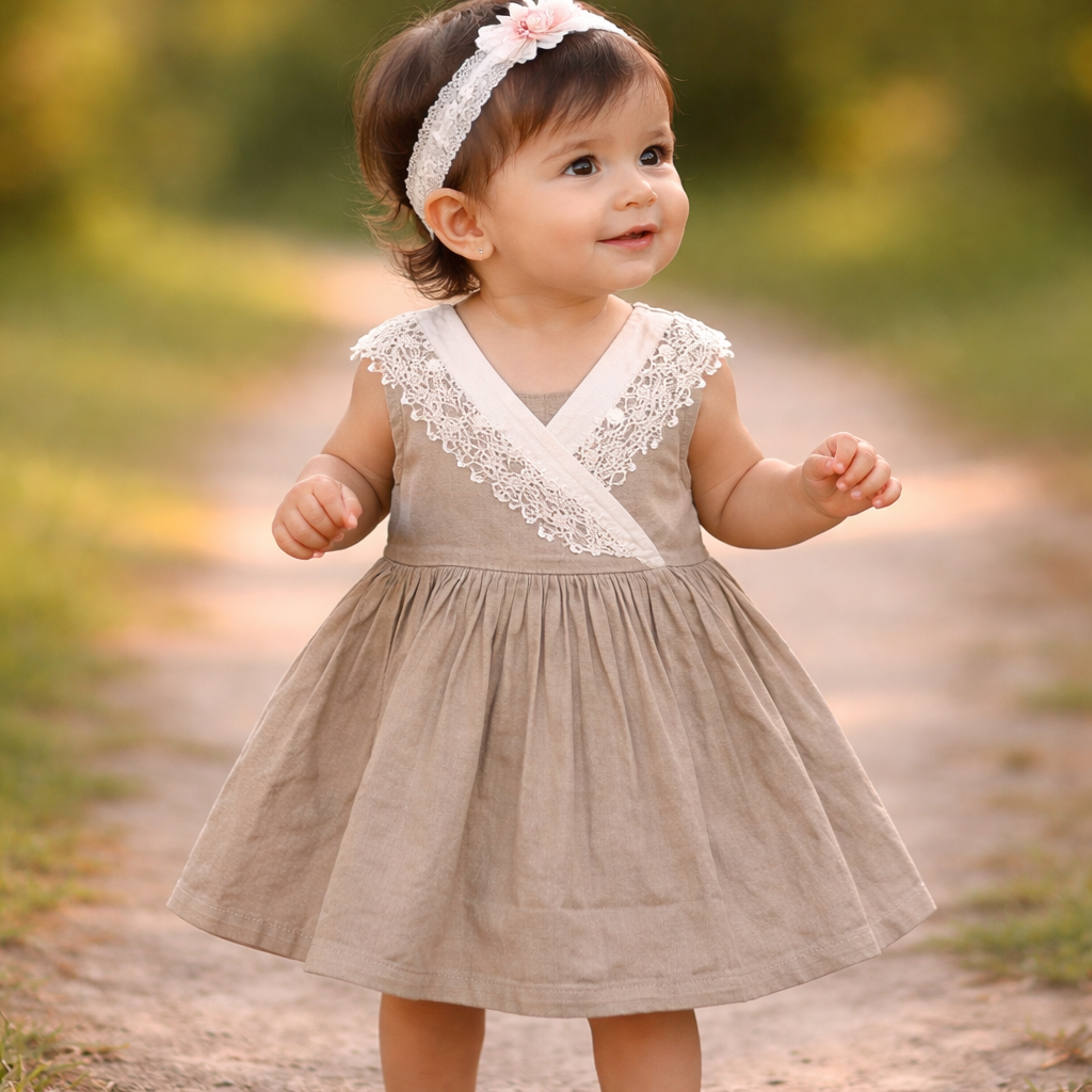 NUM NUM Baby Girls Cotton Lace Party Frock Dress (12M–4Y) | Soft Summer Dress | Pink & Brown