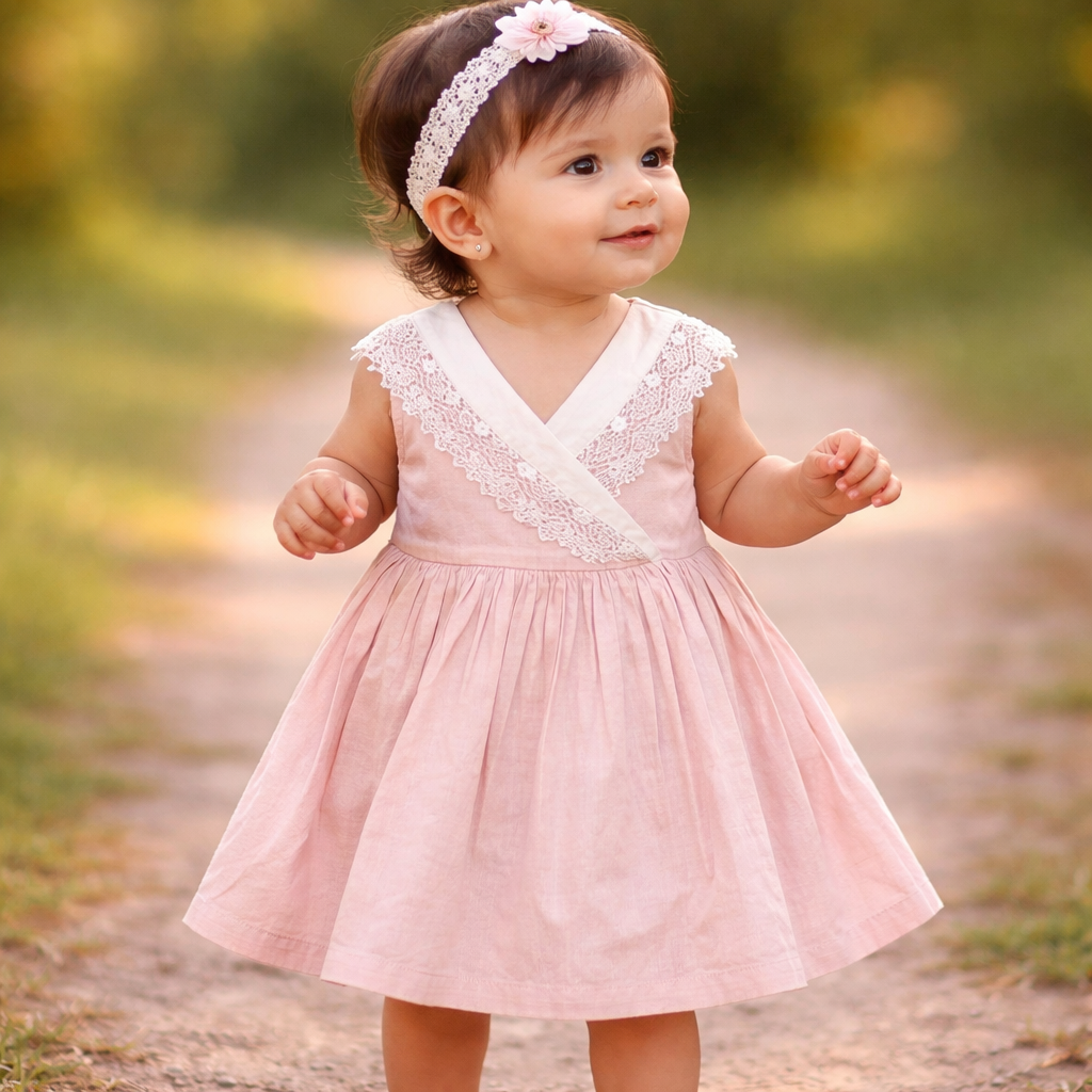 NUM NUM Baby Girls Cotton Lace Party Frock Dress (12M–4Y) | Soft Summer Dress | Pink & Brown