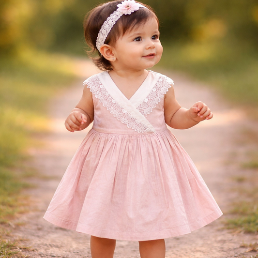 NUM NUM Baby Girls Cotton Lace Party Frock Dress (12M–4Y) | Soft Summer Dress | Pink & Brown