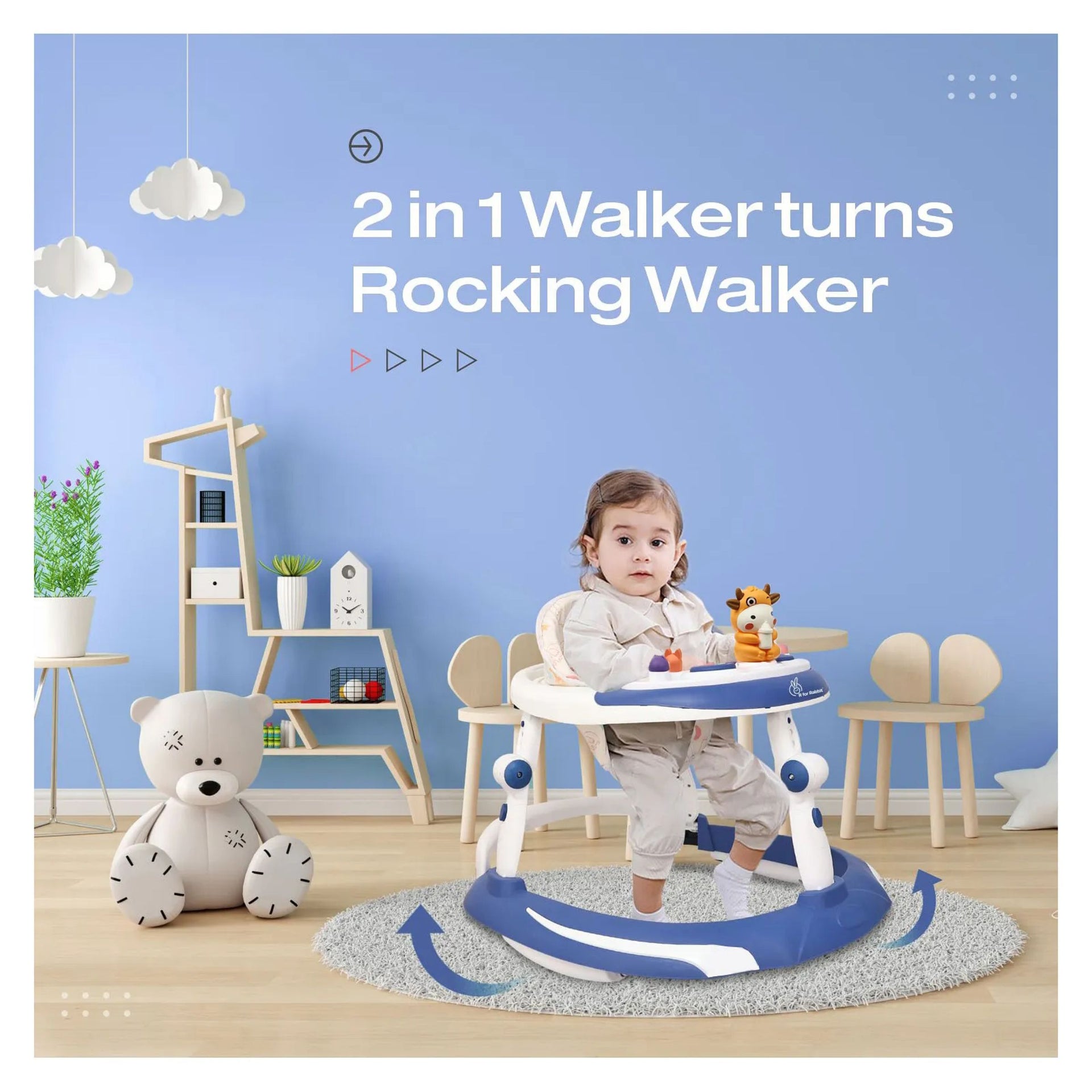 R for Rabbit Baby Walker With 3 Level Height Adjustment 4 Level Seat Adjustment & Recreational Toy Bar - Blue & White , GREY/WHITE