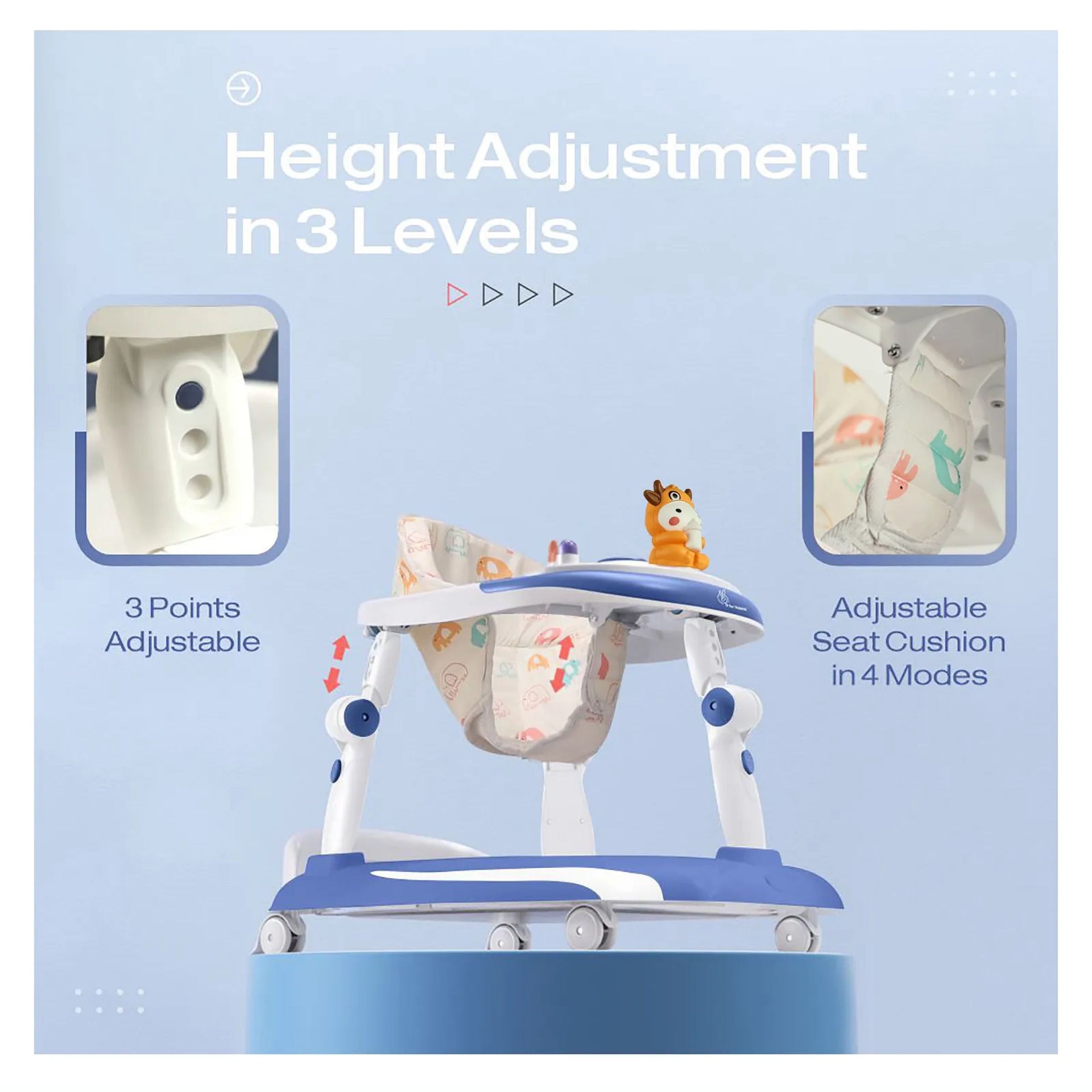 R for Rabbit Baby Walker With 3 Level Height Adjustment 4 Level Seat Adjustment & Recreational Toy Bar - Blue & White , GREY/WHITE