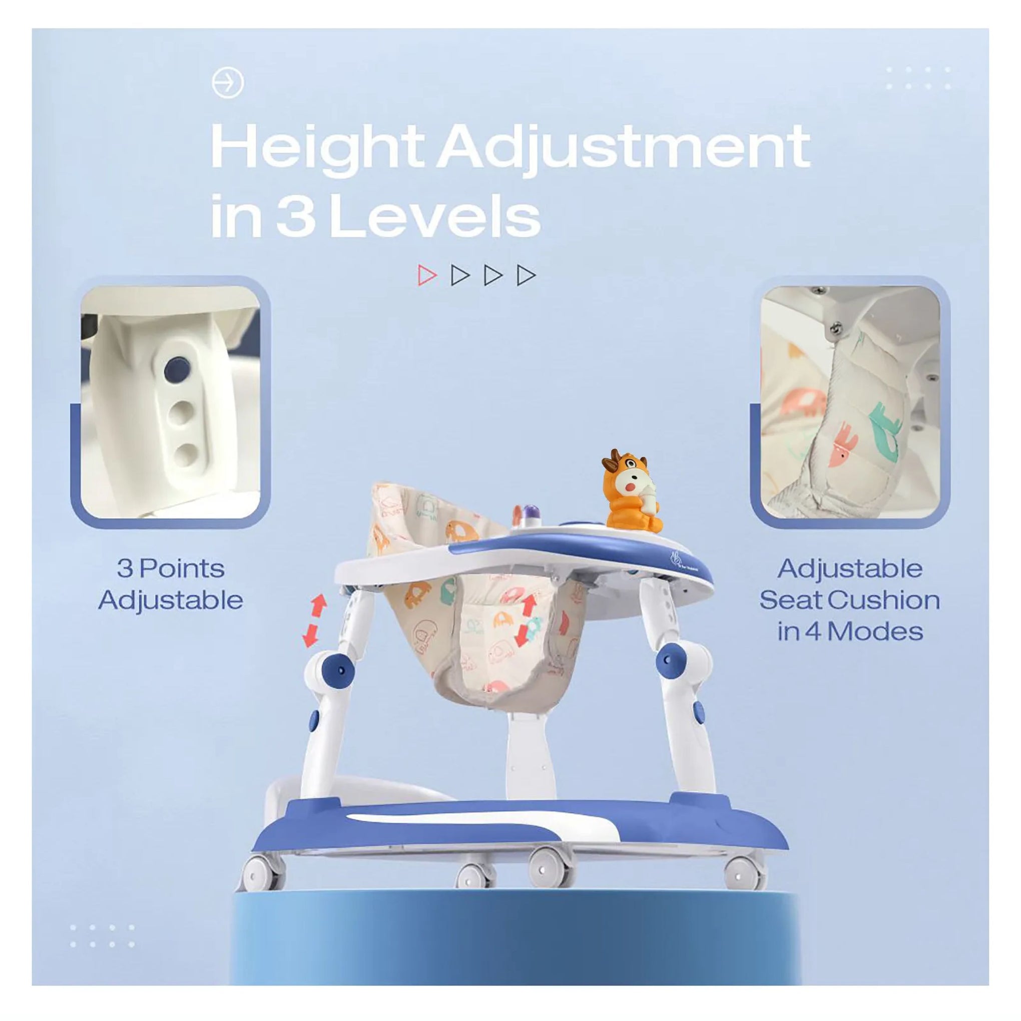 R for Rabbit Baby Walker With 3 Level Height Adjustment 4 Level Seat Adjustment & Recreational Toy Bar - Blue & White , GREY/WHITE