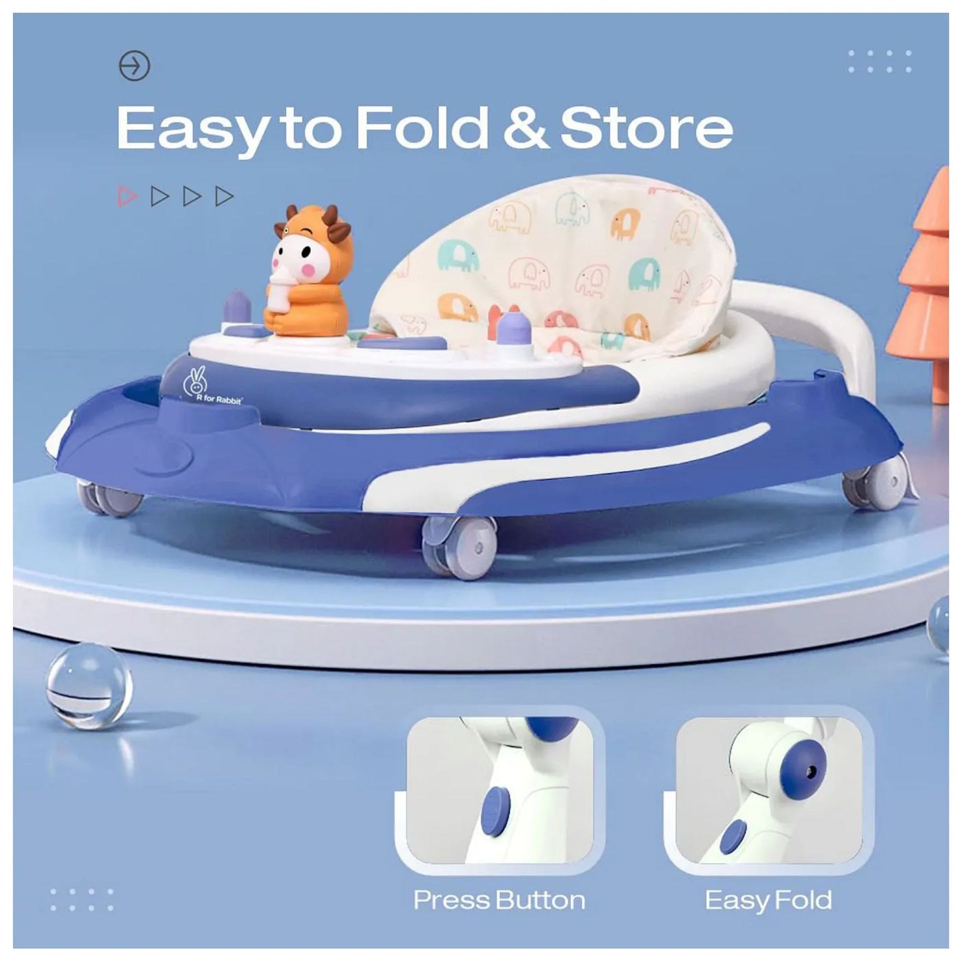 R for Rabbit Baby Walker With 3 Level Height Adjustment 4 Level Seat Adjustment & Recreational Toy Bar - Blue & White , GREY/WHITE
