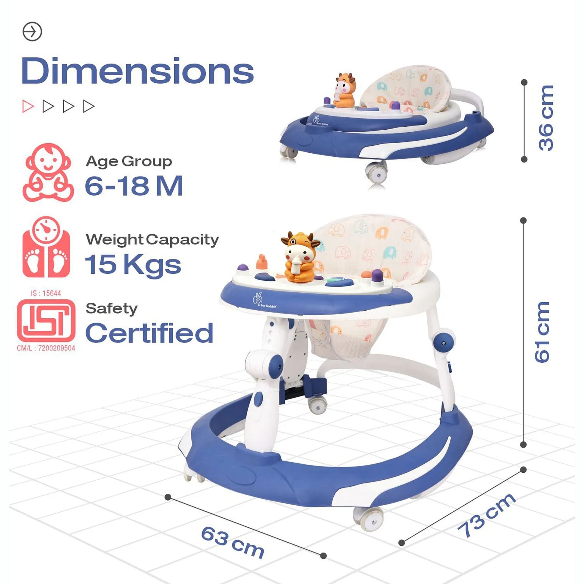 R for Rabbit Baby Walker With 3 Level Height Adjustment 4 Level Seat Adjustment & Recreational Toy Bar - Blue & White , GREY/WHITE