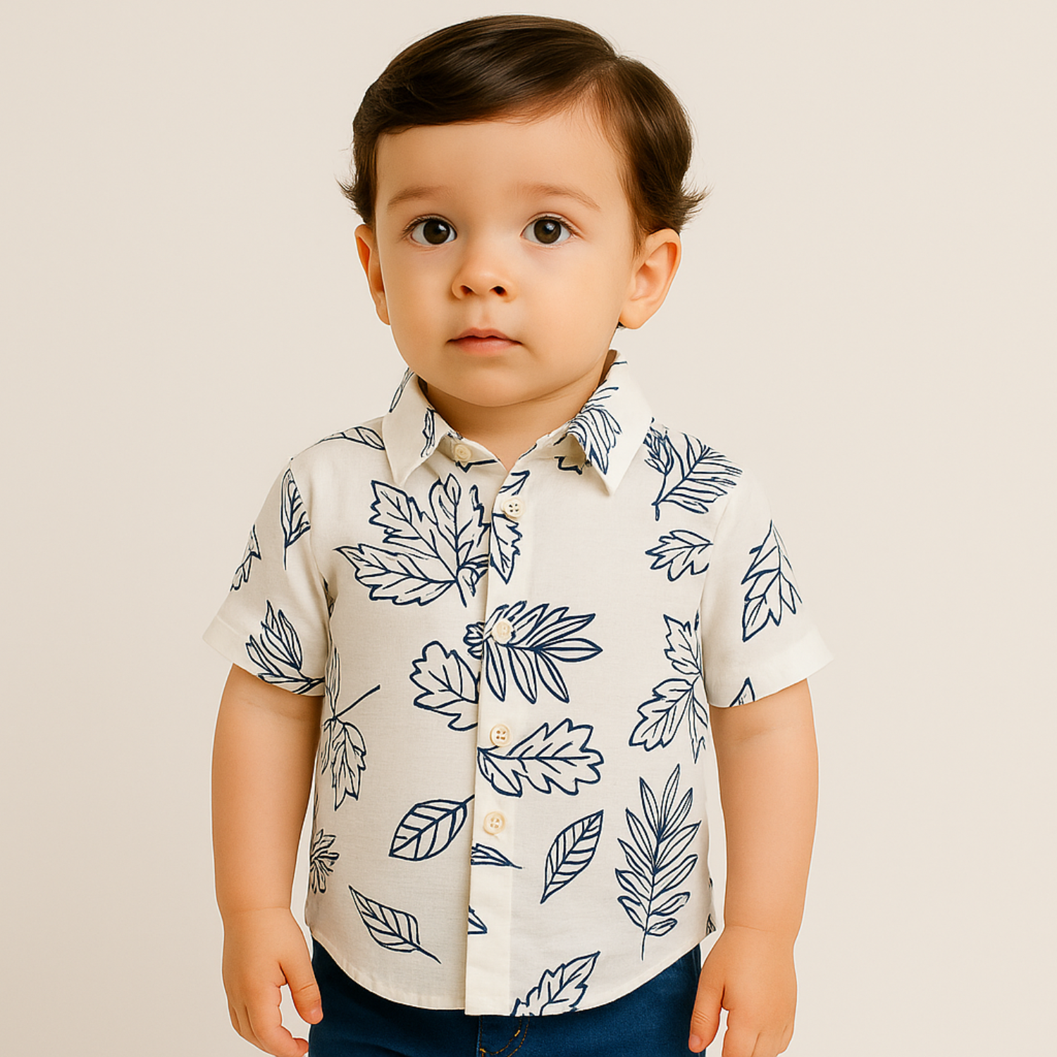 Smile Baby Boys’ White & Navy Leaf Print Shirt & Shorts Set – Age 1 to 10 Year