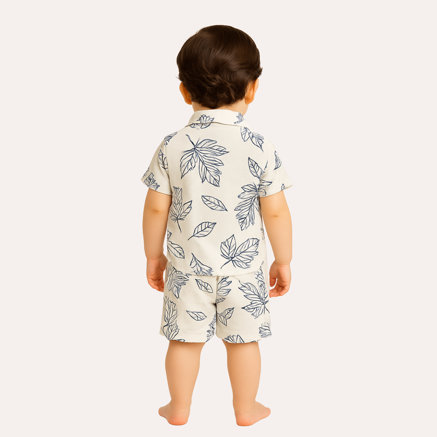 Smile Baby Boys’ White & Navy Leaf Print Shirt & Shorts Set – Age 1 to 10 Year