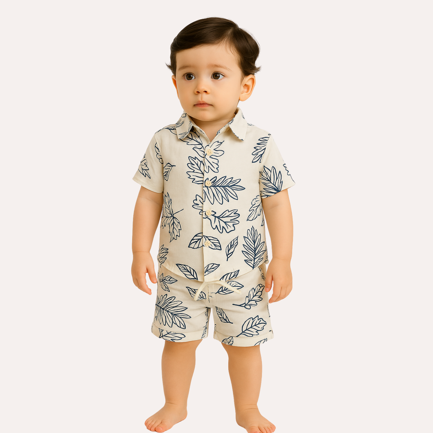 Smile Baby Boys’ White & Navy Leaf Print Shirt & Shorts Set – Age 1 to 10 Year