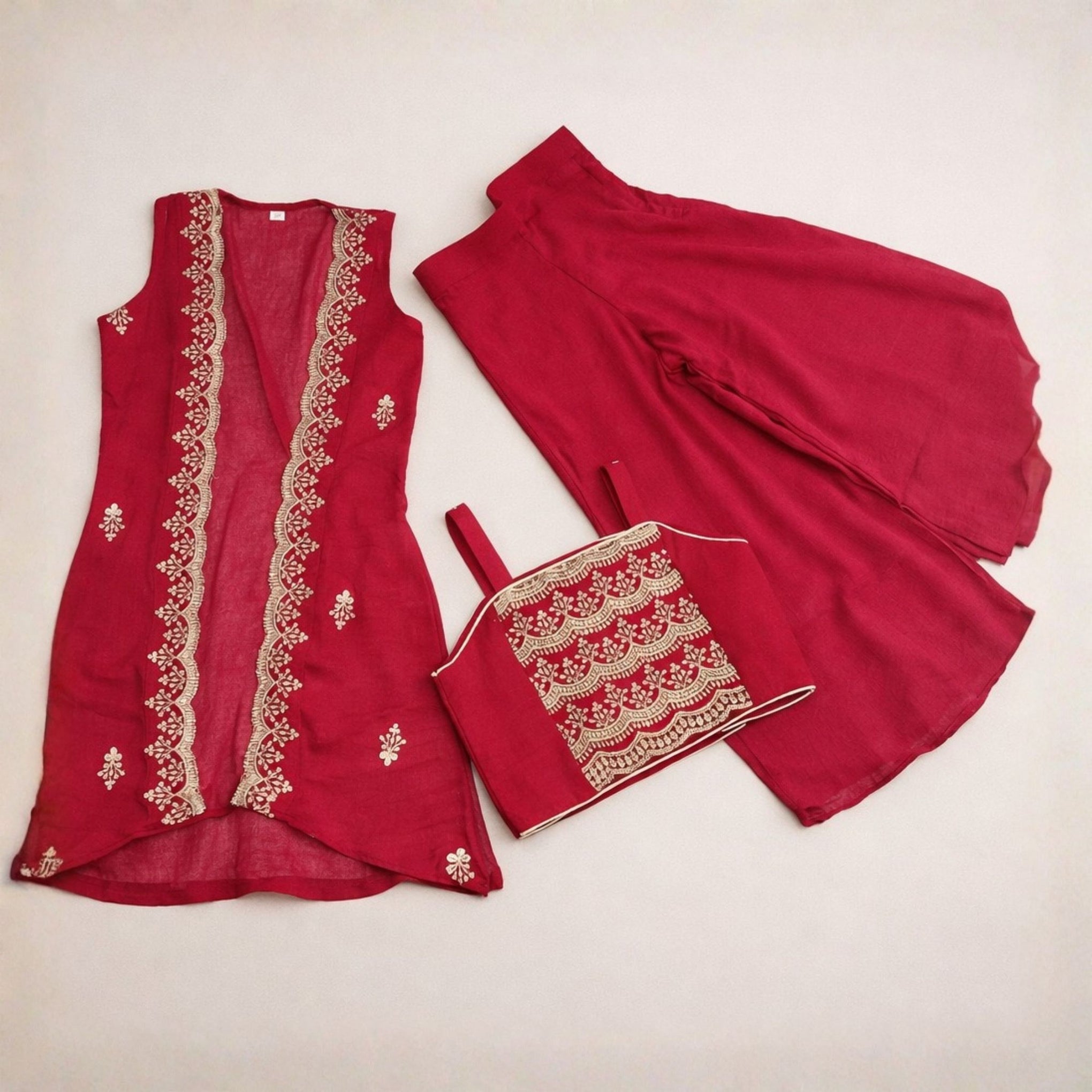 SPARKLE Girls Sharara Set – Red Embroidered Festive Wear (Ages 3–9 Years)