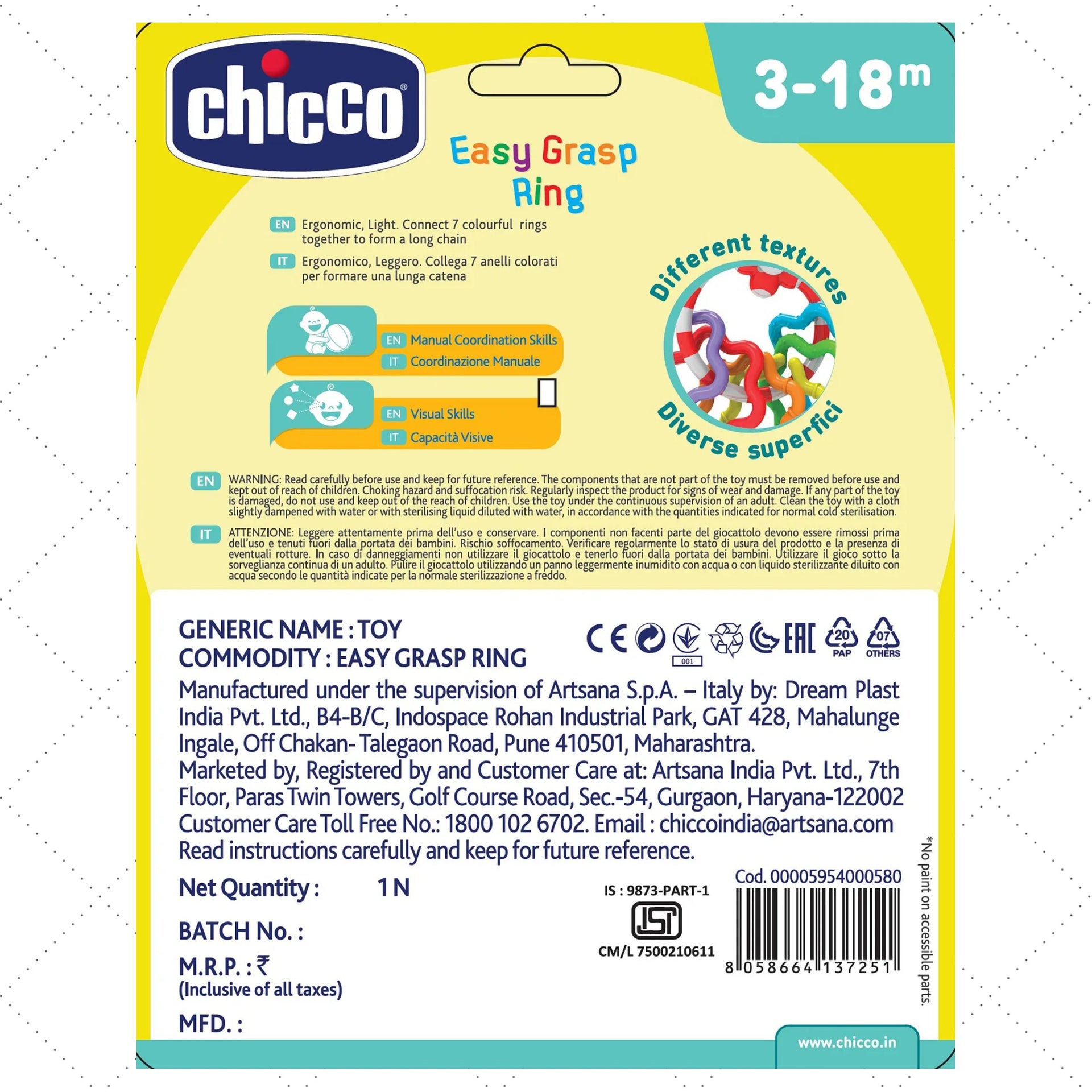Chicco Easy Grasp Rings Rattle Teether - Multicolour