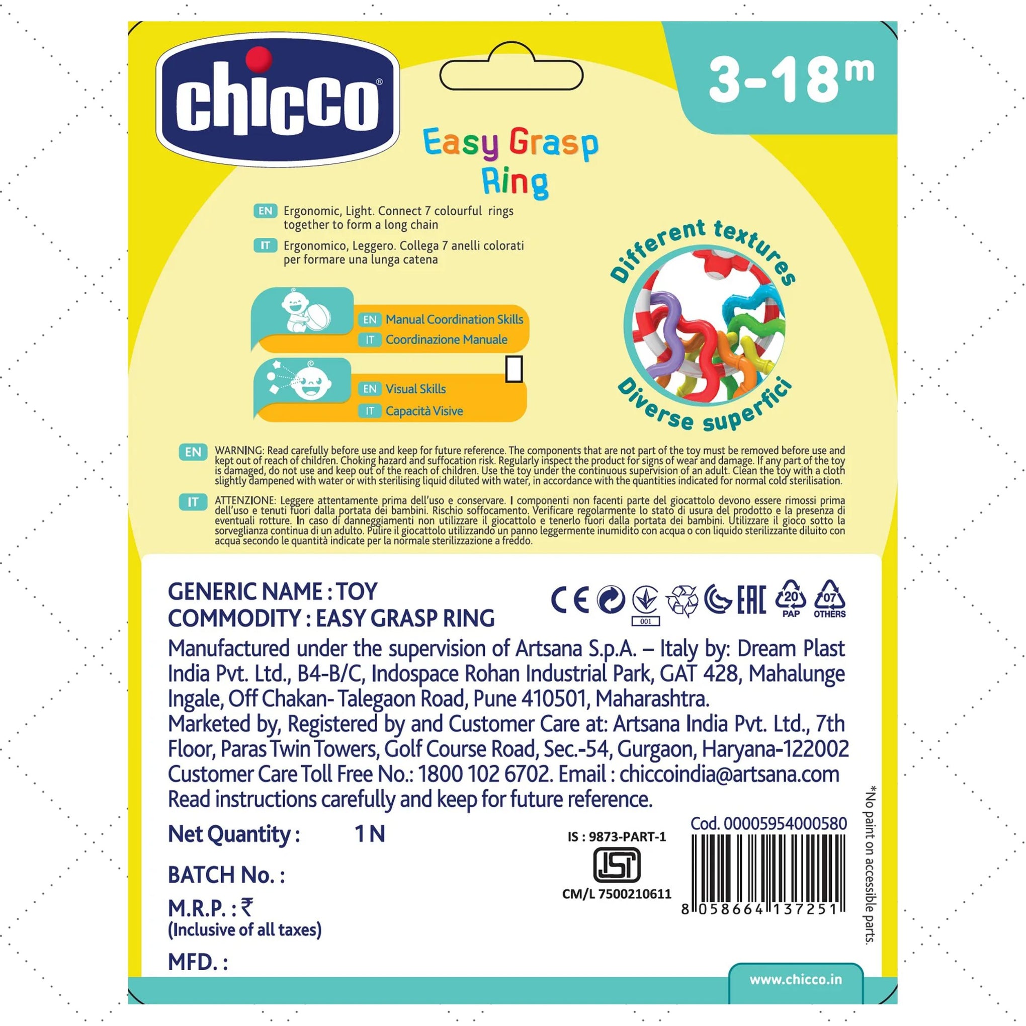 Chicco Easy Grasp Rings Rattle Teether - Multicolour