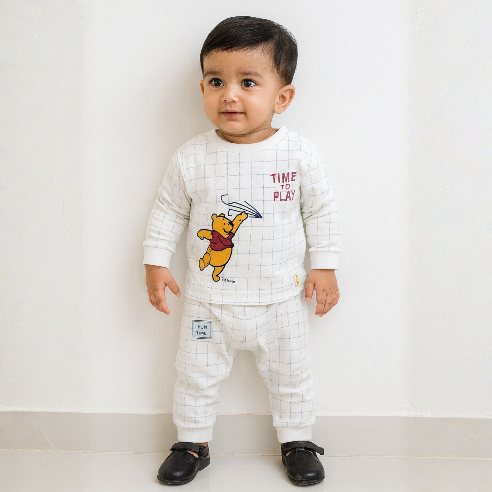 Ollypop “Time To Play” Winnie the Pooh Sweatshirt & Jogger Set for Boys (3M–24M) – Cream & White
