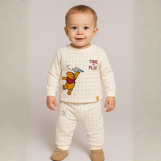 Ollypop “Time To Play” Winnie the Pooh Sweatshirt & Jogger Set for Boys (3M–24M) – Cream & White