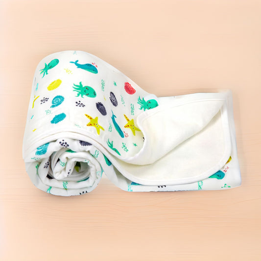 Mee Mee Supremely Absorbent 100% Cotton 2 Layer Premium Soft Baby Towel for New Born | 2 Layers of Muslin & Terry | Washcloth for Kids/Toddlers/Infants/Babies | Pack of 1- SEA Print