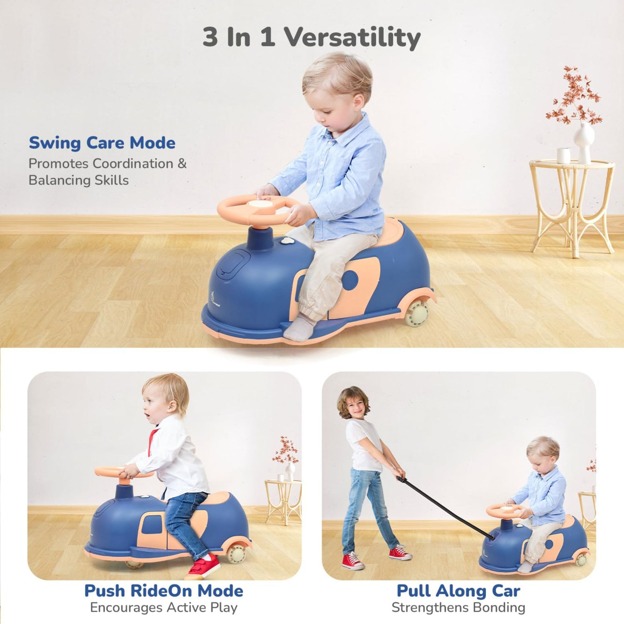 R for Rabbit Iya Iya Caravan 3 in 1 Kids Swing Car, Push & Pull Ride-On with Scratch Free PU LED Wheels & ABEC7 Bearing, Baby Twister Magic Car for 2+ Years Boys & Girls, Upto 75 Kgs (Blue Peach)