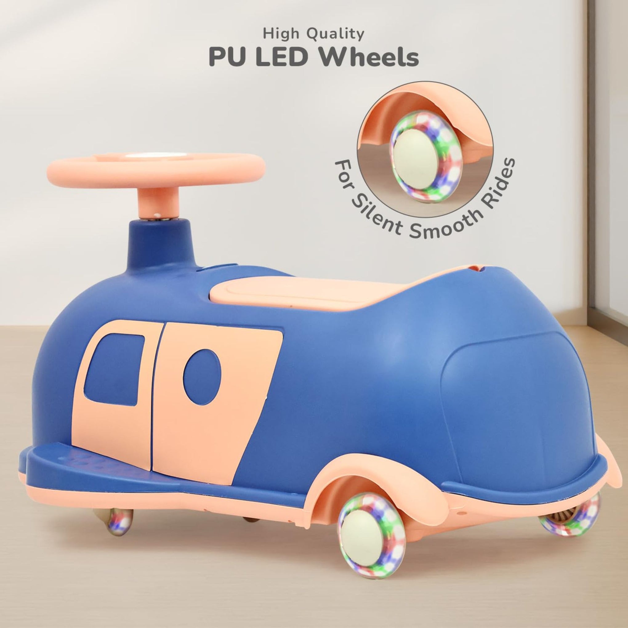 R for Rabbit Iya Iya Caravan 3 in 1 Kids Swing Car, Push & Pull Ride-On with Scratch Free PU LED Wheels & ABEC7 Bearing, Baby Twister Magic Car for 2+ Years Boys & Girls, Upto 75 Kgs (Blue Peach)