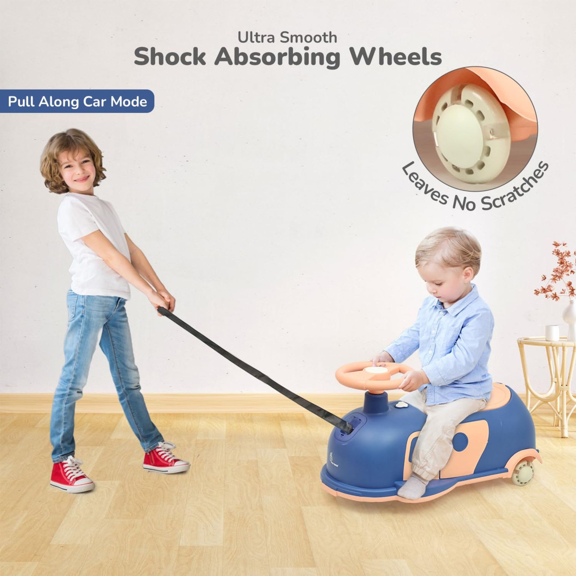 R for Rabbit Iya Iya Caravan 3 in 1 Kids Swing Car, Push & Pull Ride-On with Scratch Free PU LED Wheels & ABEC7 Bearing, Baby Twister Magic Car for 2+ Years Boys & Girls, Upto 75 Kgs (Blue Peach)