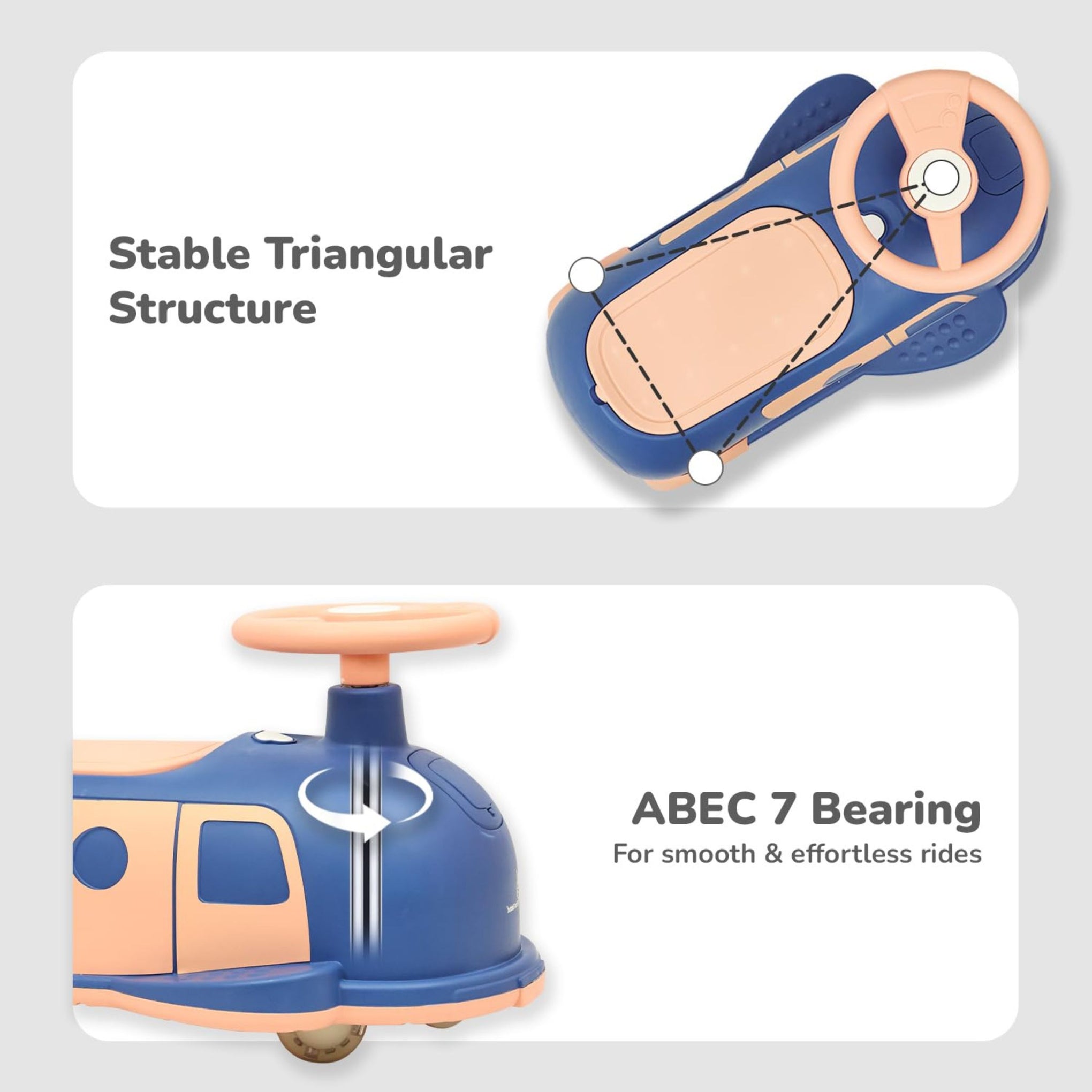 R for Rabbit Iya Iya Caravan 3 in 1 Kids Swing Car, Push & Pull Ride-On with Scratch Free PU LED Wheels & ABEC7 Bearing, Baby Twister Magic Car for 2+ Years Boys & Girls, Upto 75 Kgs (Blue Peach)