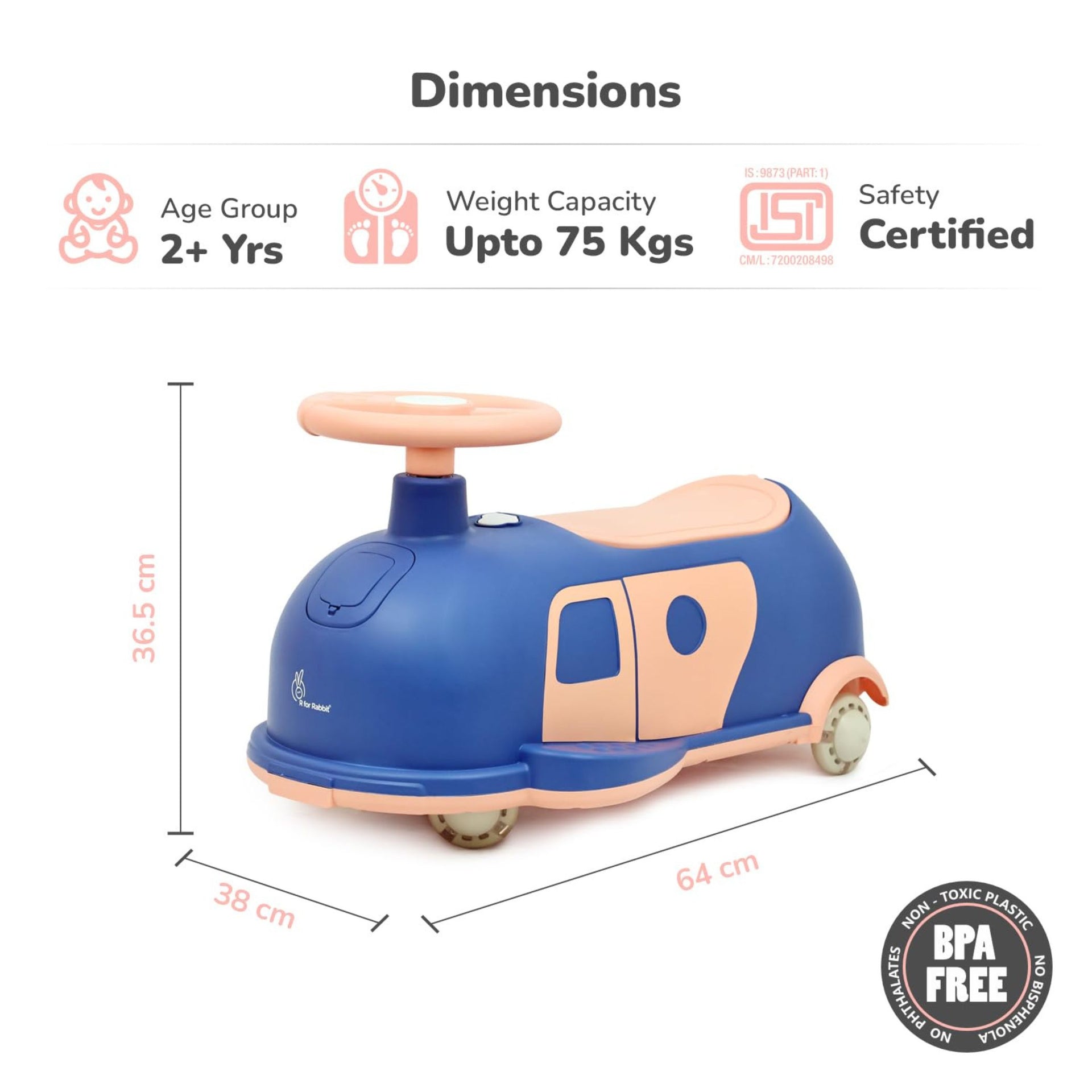 R for Rabbit Iya Iya Caravan 3 in 1 Kids Swing Car, Push & Pull Ride-On with Scratch Free PU LED Wheels & ABEC7 Bearing, Baby Twister Magic Car for 2+ Years Boys & Girls, Upto 75 Kgs (Blue Peach)