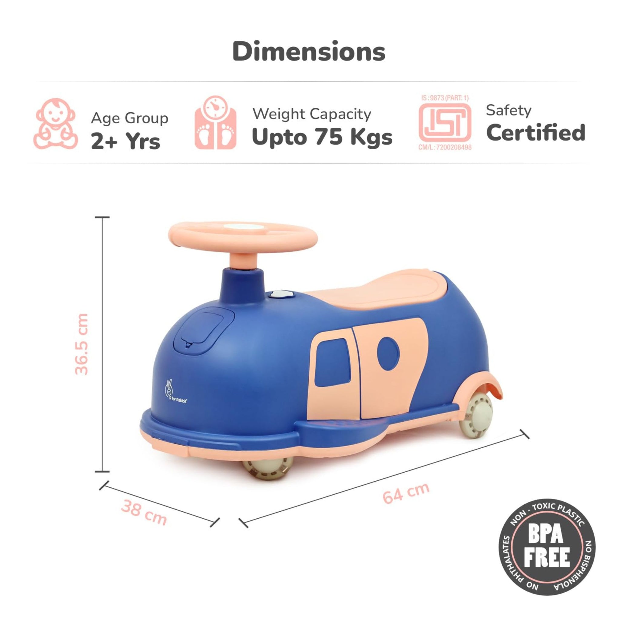 R for Rabbit Iya Iya Caravan 3 in 1 Kids Swing Car, Push & Pull Ride-On with Scratch Free PU LED Wheels & ABEC7 Bearing, Baby Twister Magic Car for 2+ Years Boys & Girls, Upto 75 Kgs (Blue Peach)