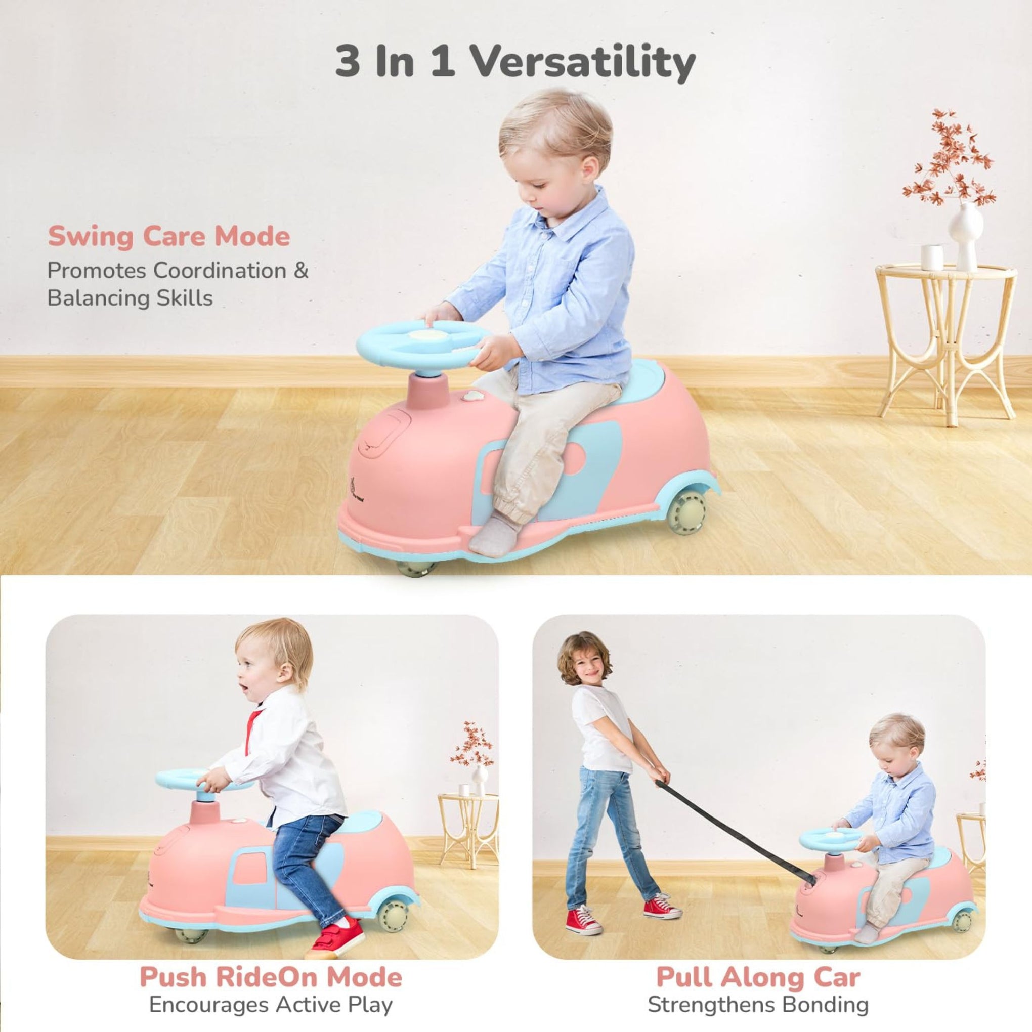 R for Rabbit Iya Iya Caravan 3 in 1 Kids Swing Car, Push & Pull Ride-On with Scratch Free PU LED Wheels & ABEC7 Bearing, Baby Twister Magic Car for 2+ Years Boys & Girls, Upto 75 Kgs (Pink Blue)