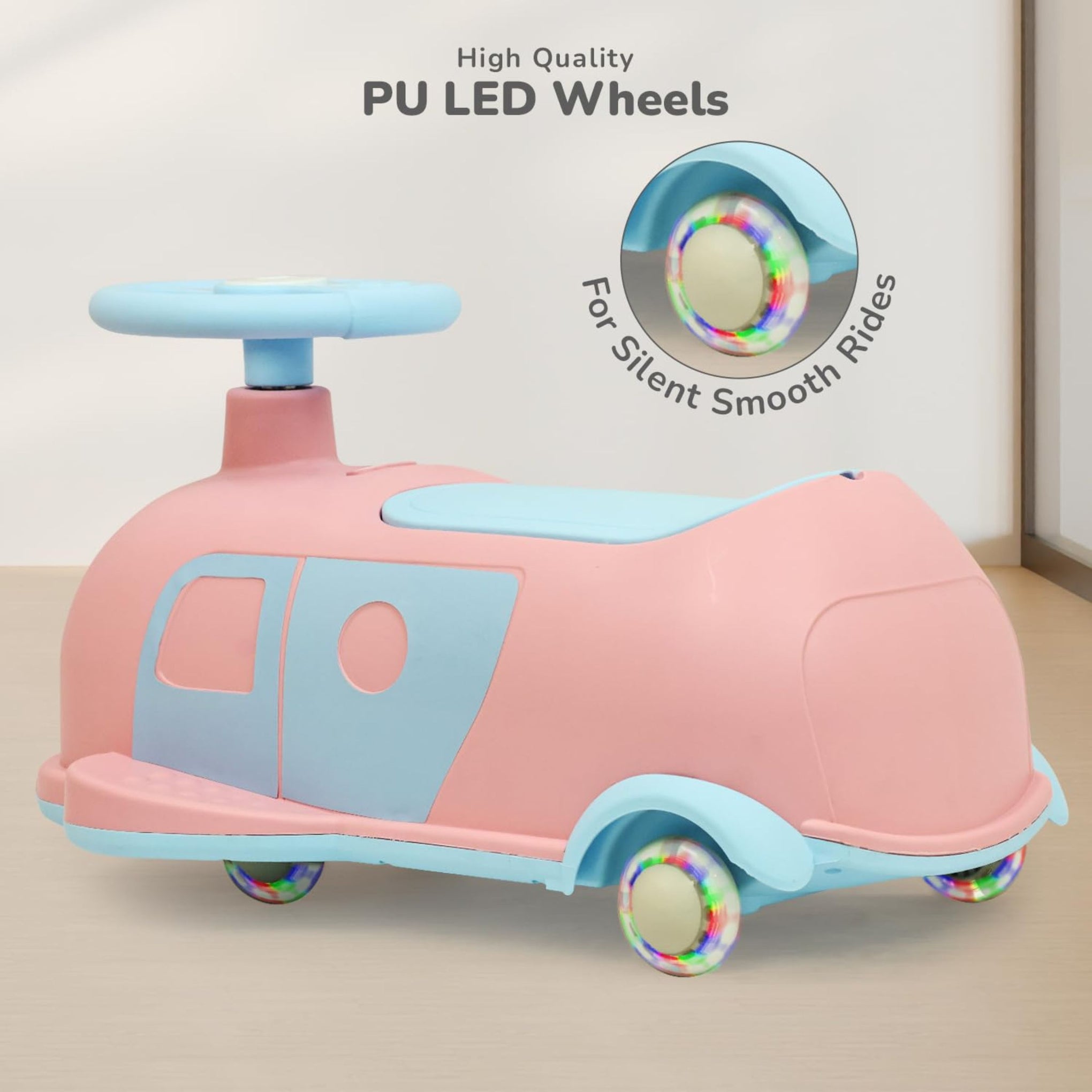 R for Rabbit Iya Iya Caravan 3 in 1 Kids Swing Car, Push & Pull Ride-On with Scratch Free PU LED Wheels & ABEC7 Bearing, Baby Twister Magic Car for 2+ Years Boys & Girls, Upto 75 Kgs (Pink Blue)