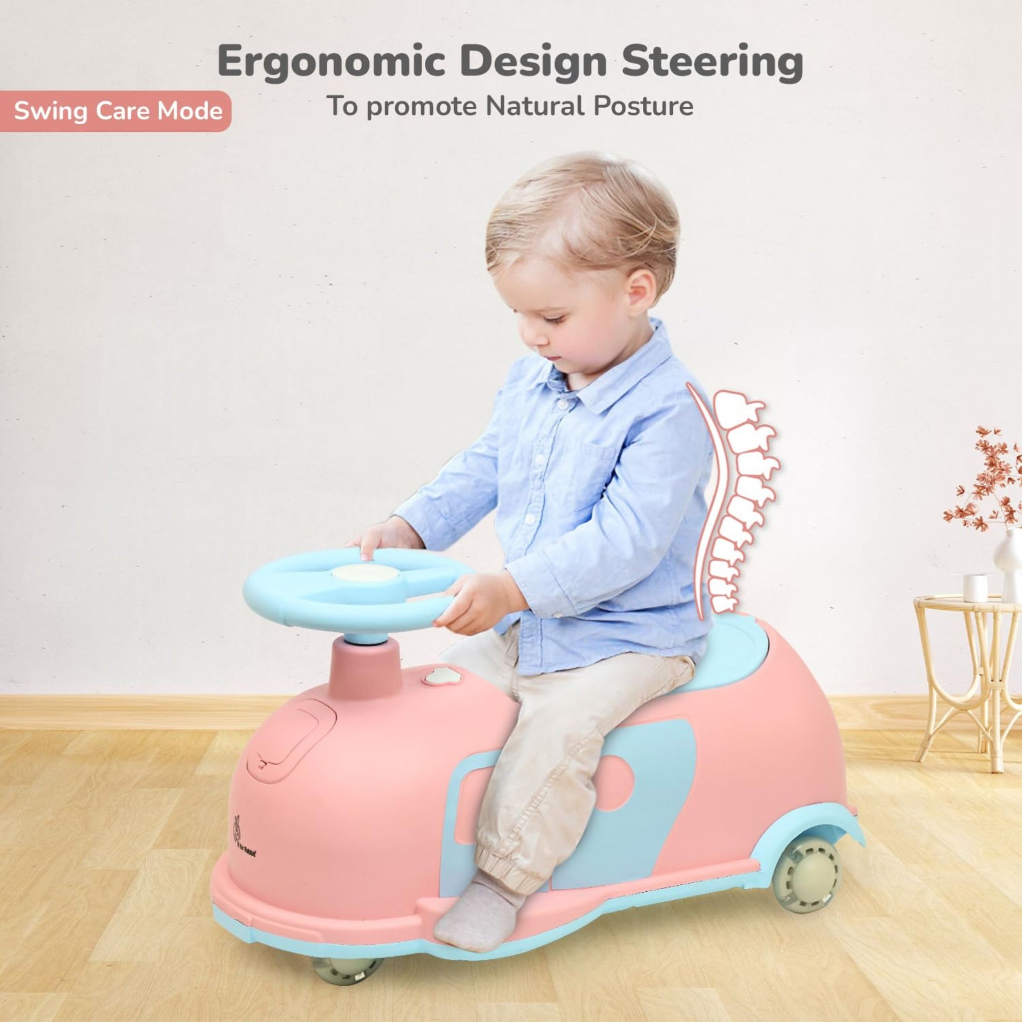 R for Rabbit Iya Iya Caravan 3 in 1 Kids Swing Car, Push & Pull Ride-On with Scratch Free PU LED Wheels & ABEC7 Bearing, Baby Twister Magic Car for 2+ Years Boys & Girls, Upto 75 Kgs (Pink Blue)