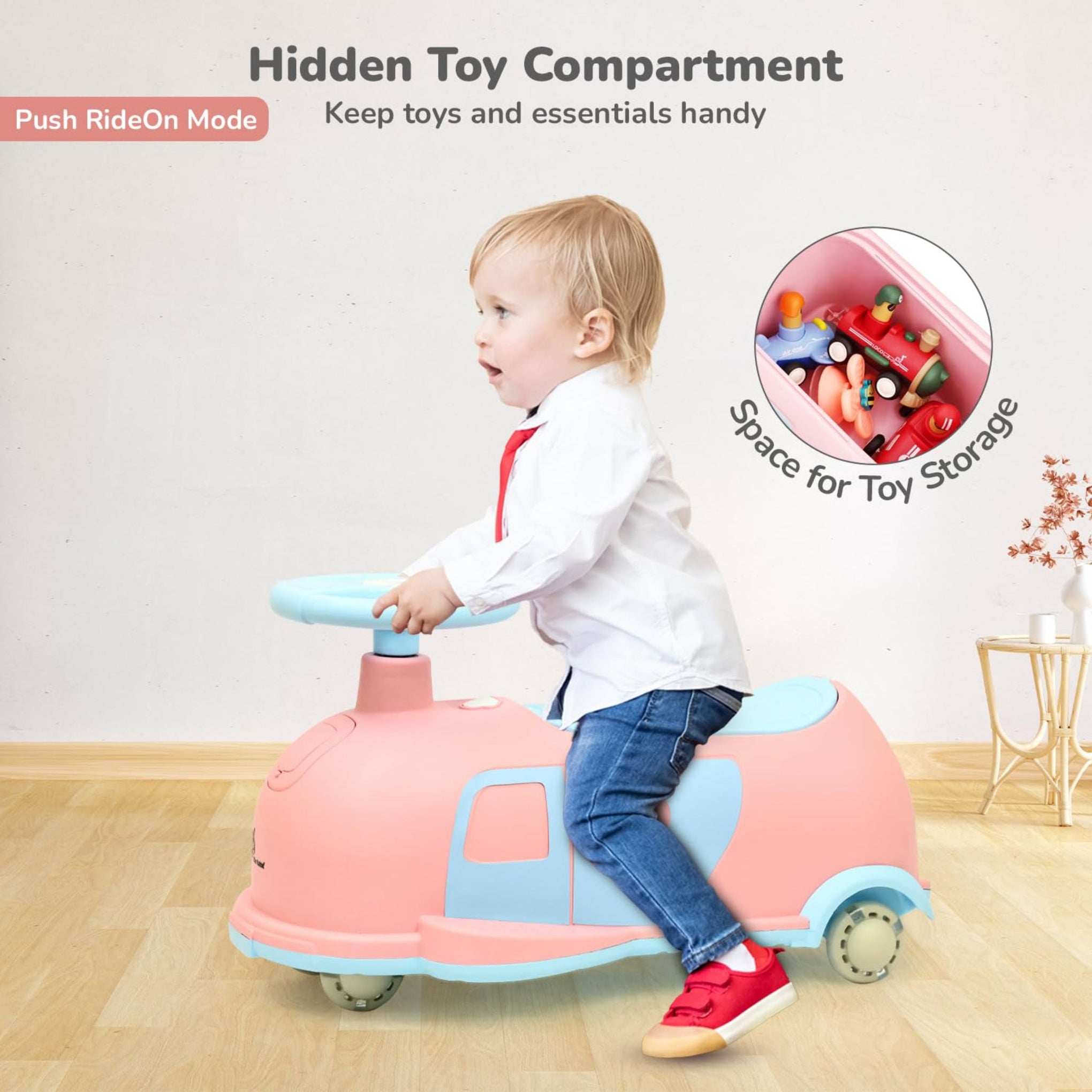 R for Rabbit Iya Iya Caravan 3 in 1 Kids Swing Car, Push & Pull Ride-On with Scratch Free PU LED Wheels & ABEC7 Bearing, Baby Twister Magic Car for 2+ Years Boys & Girls, Upto 75 Kgs (Pink Blue)
