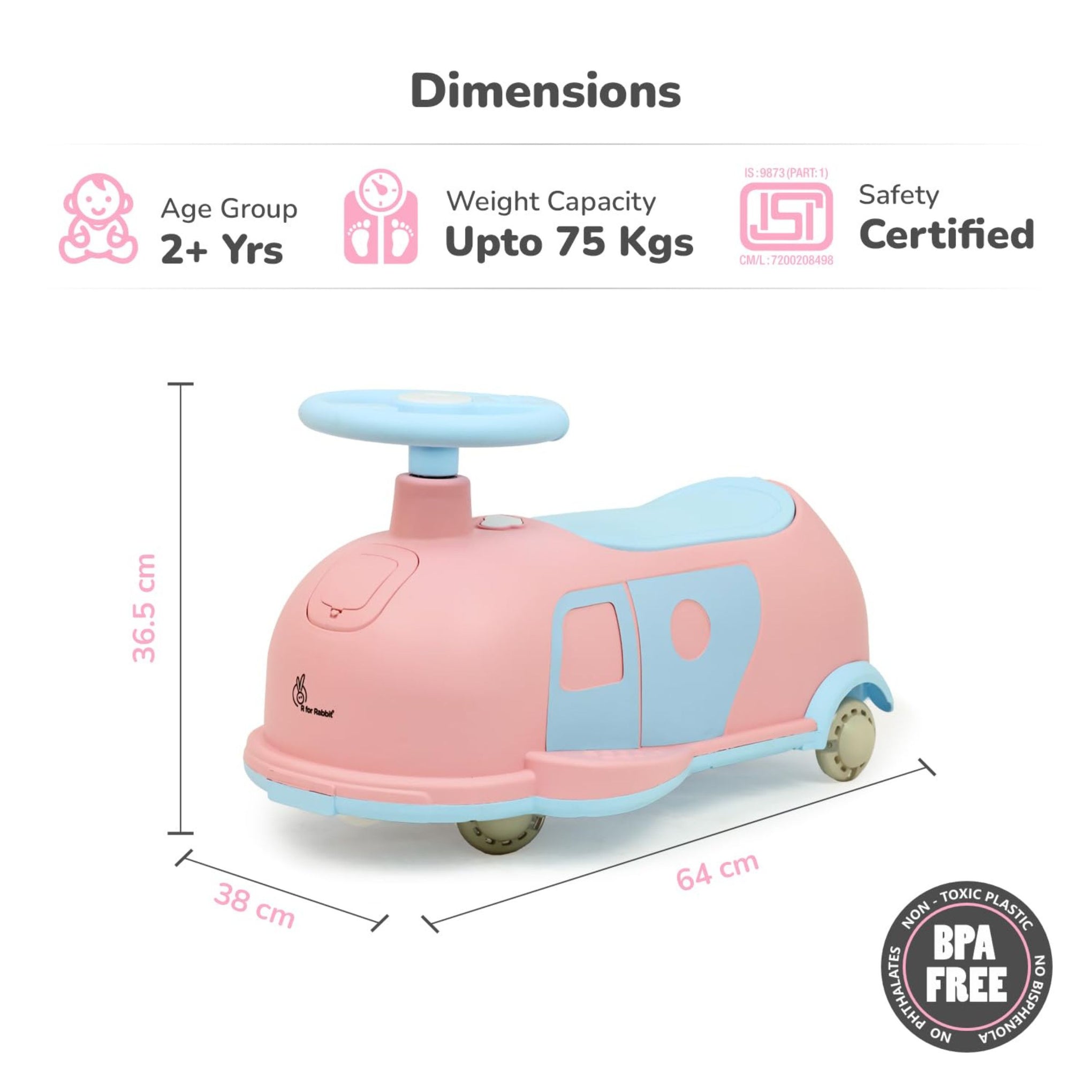R for Rabbit Iya Iya Caravan 3 in 1 Kids Swing Car, Push & Pull Ride-On with Scratch Free PU LED Wheels & ABEC7 Bearing, Baby Twister Magic Car for 2+ Years Boys & Girls, Upto 75 Kgs (Pink Blue)