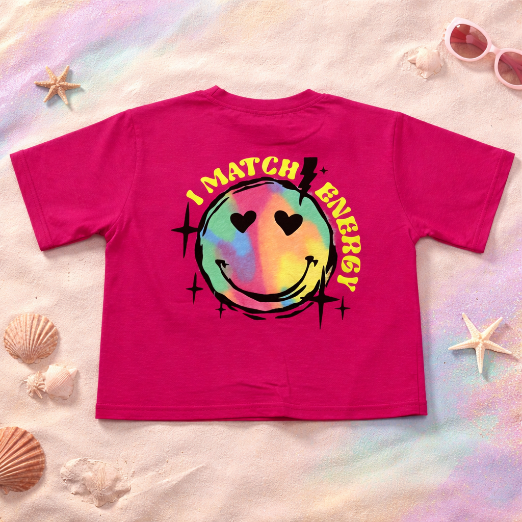 Smile Baby Kids Graphic Printed T-Shirt – “Hustle” & “I Match Energy” Design | H. Pink & Neon Green | 5-14 Years
