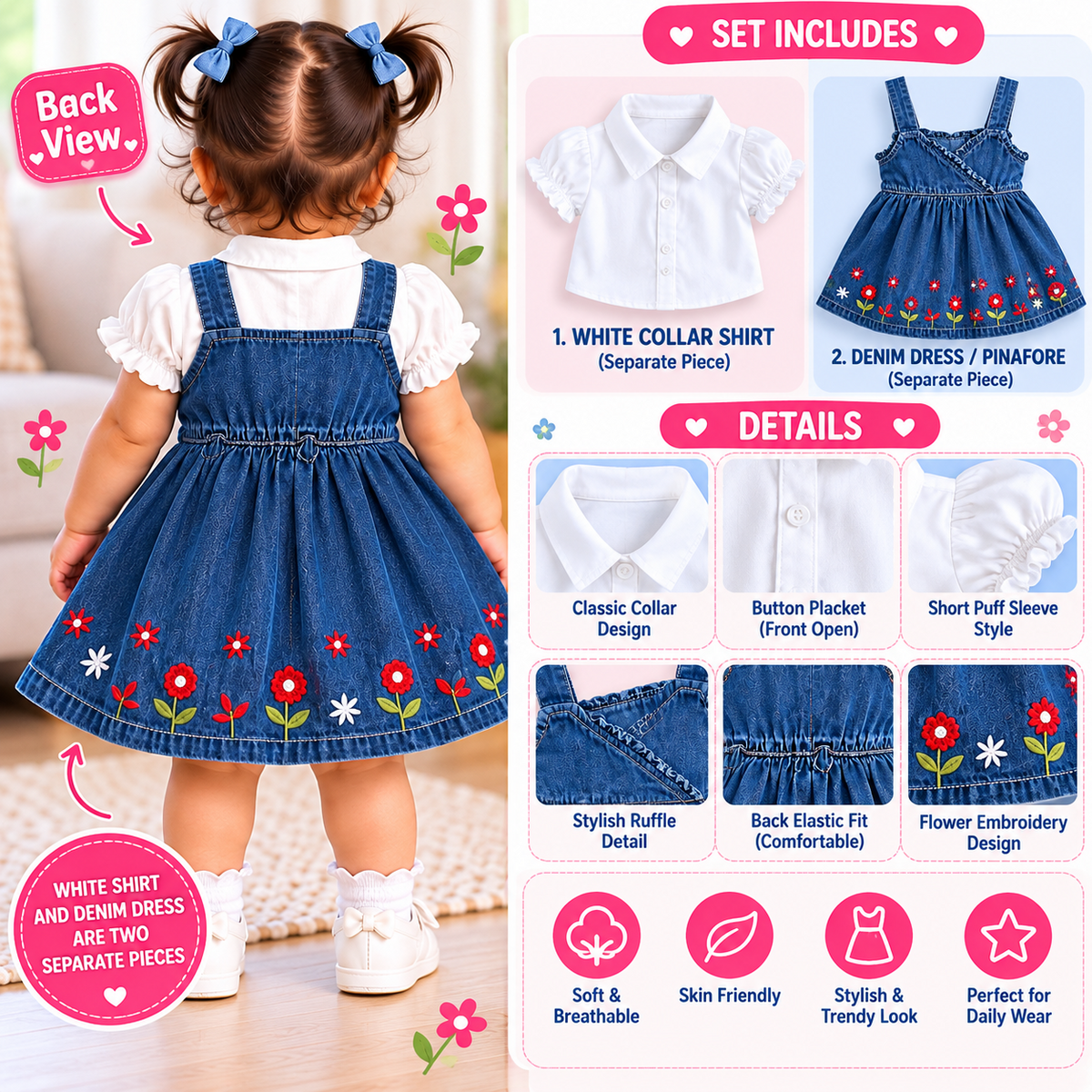 Back view of girls blue denim pinafore dress and white shirt set
