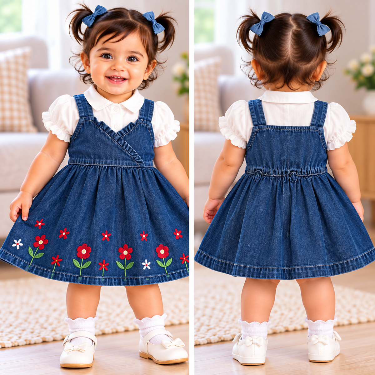SMILE BABY girls blue denim floral pinafore dress set front and back