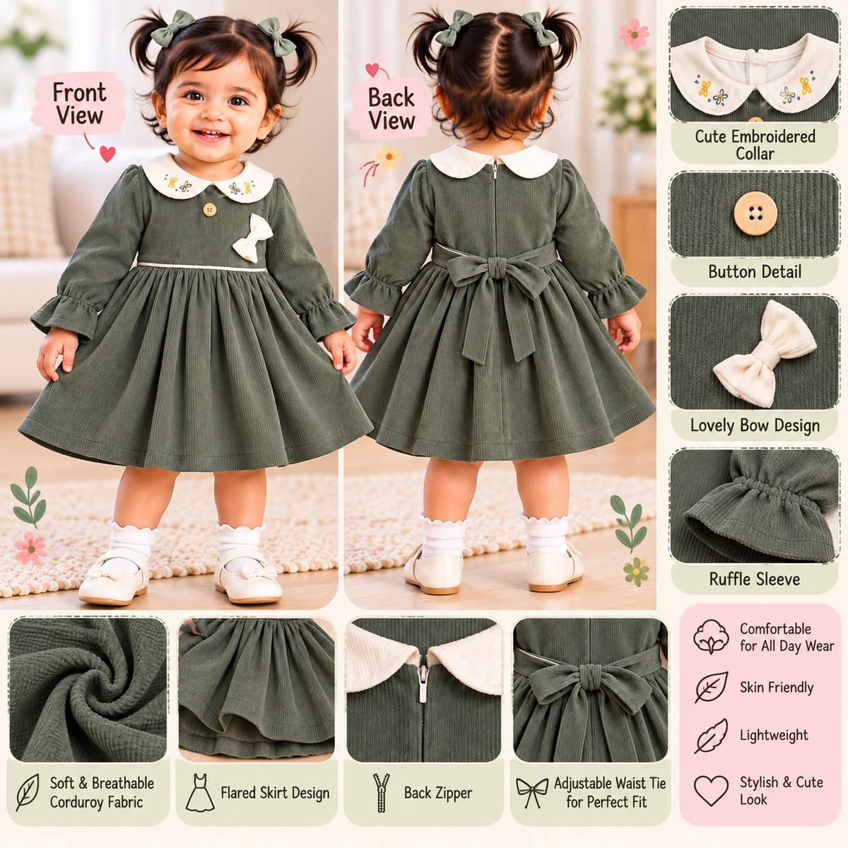 ORRIGANY olive green girls corduroy dress feature guide