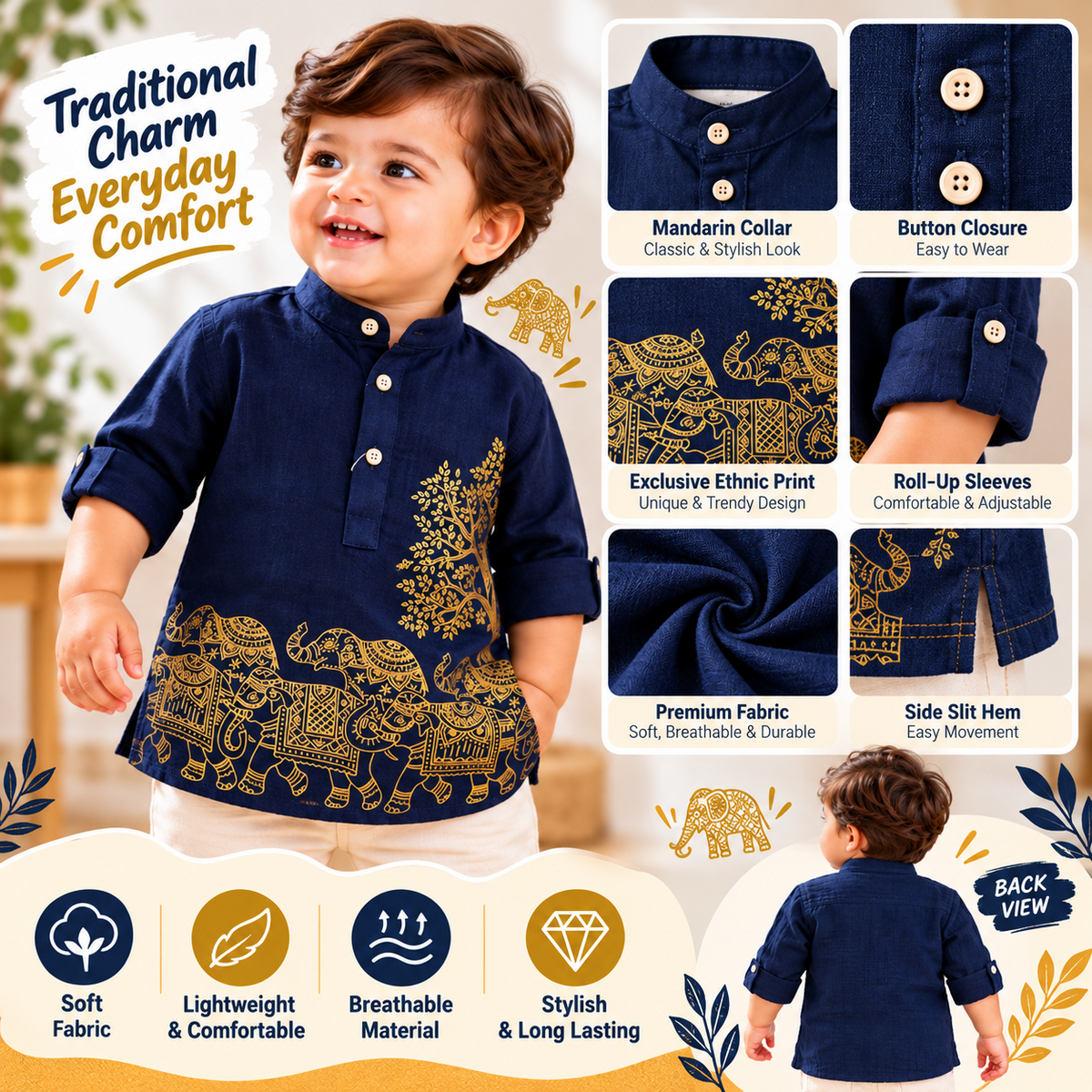 BLAZO boys navy blue ethnic kurta features