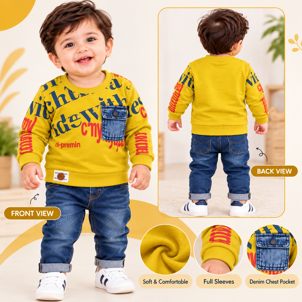 GUSTO boys mustard yellow sweatshirt features infographic