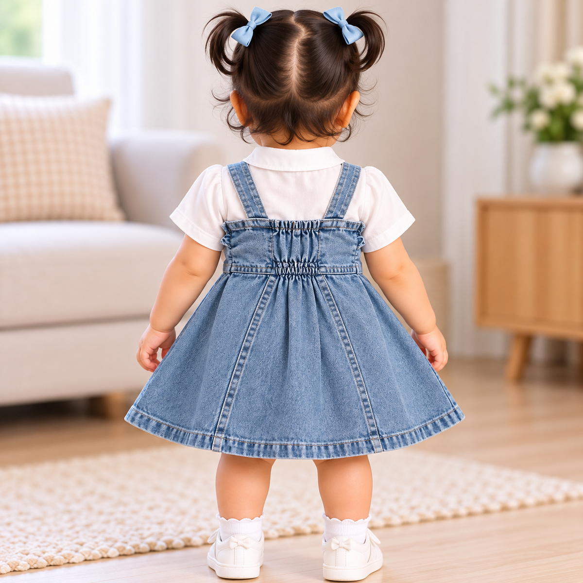 Toddler wearing SMILE BABY light blue denim pinafore and white shirt