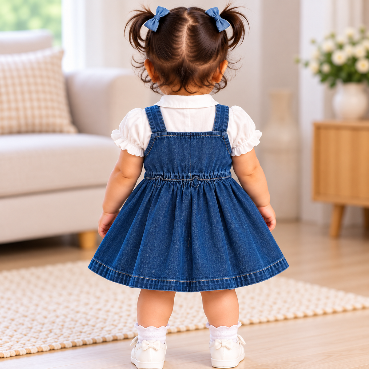Toddler wearing blue denim floral pinafore dress and white puff sleeve shirt