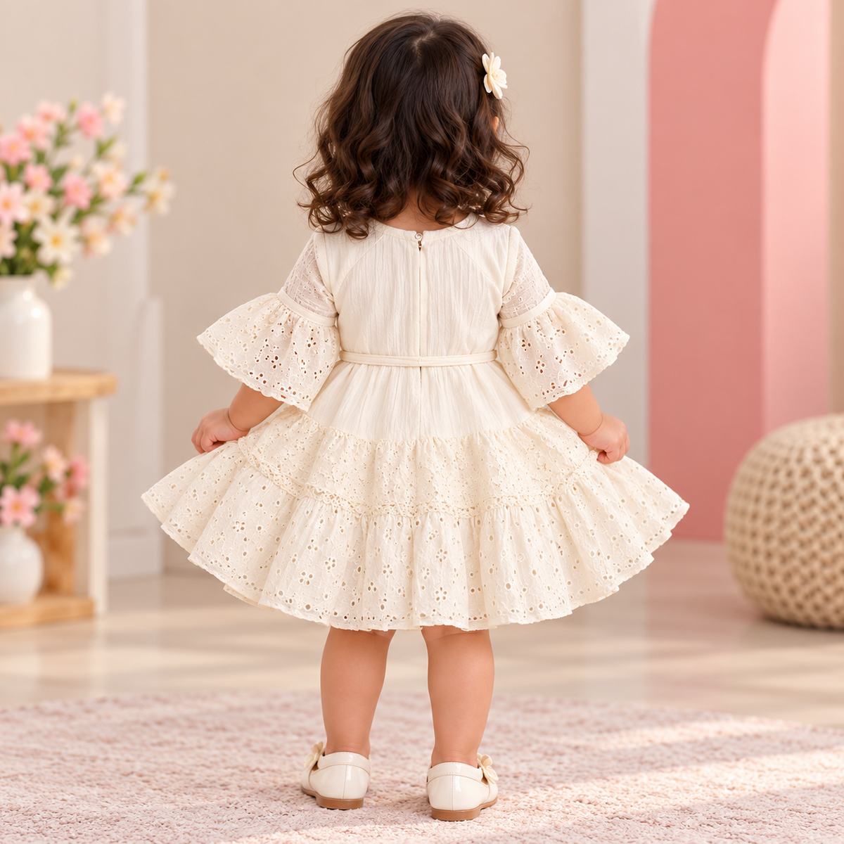 Back view of SMILE BABY cream eyelet dress