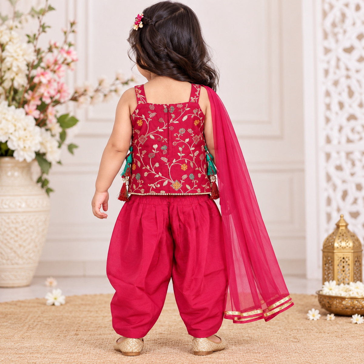 SMILE BABY girls fuchsia embroidered sharara set back view